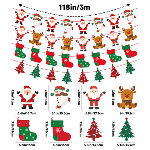jijAcraft Christmas Banners 4 Pack – Christmas Decorations with Santa, Snowman, Reindeer & Tree Designs, Pre-Assembled Hanging Bunting Garland for Christmas Party, School, Office, Fireplace