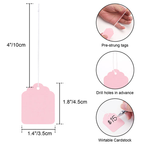 jijAcraft 200Pcs Blank Tags with String Attached - Pink Price Tags, 1.8x1.4Inch Clothing Tag for Business Selling, Kraft Paper Hangtag, Small Retail Marking Labels, Writable Sales Labels for Jewelry