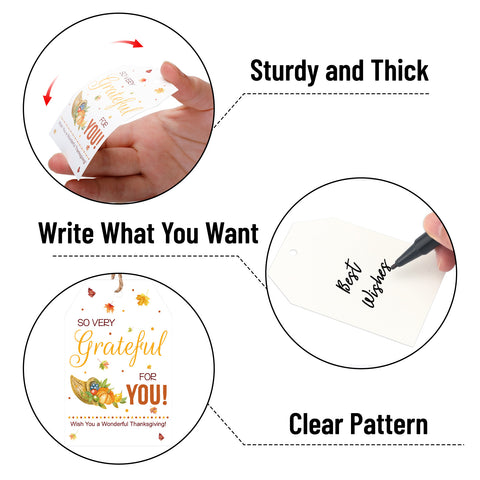 jijAcraft 50Pcs Fall Gift Tags with String - Happy Thanksgiving Tags, 3.3x2.1 Inch White Paper Maple Leaf Pumpkin Labels, Thanksgiving Gift Wrap Hangtag for Thanksgiving Party Favor School Office Home