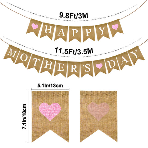 jijAcraft Happy Mother's Day Burlap Banner, No-DIY Mother's Day Banner with Pink Glitter Heart, Rustic Mothers Day Party Hanging Garland Banners, Mothers Decoration for Fireplace, Wall, Window, Table