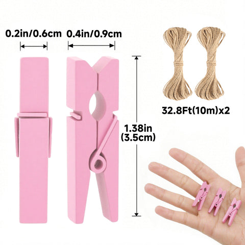 jijAcraft Mini Clothespins with String - 100Pcs Baby Pink Wooden Clothes Pins, Small Baby Shower Photo Hanging Clips, Craft Clips for Picture, Cocktails Decor, Wedding