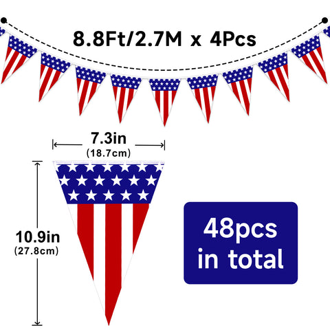 4 Pack Pre-Strung USA Flag Pennant Banner - jijAcraft Paper Stars and Stripes Flag Bunting Banner Red White and Blue Decorations American String Flags for 4th of July Patriotic Decoration