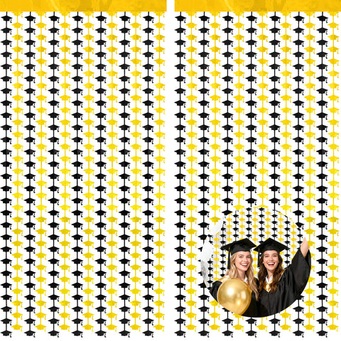 jijAcraft 2 Pack Black Gold Graduation Cap Tinsel Foil Fringe Curtain, Graduation Party Decorations with String, Graduation Photo Booth Background for Class of 2026 Prom School Home Celebration Decor