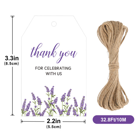 jijAcraft Lavender Thank You Tags with String - 50Pcs Purple Floral Wedding Party Favor Tags, 3.3x2.1 Inch White Paper Gift Hangtag, Thank You for Celebrating with us Tag for Bridal, Baby Shower