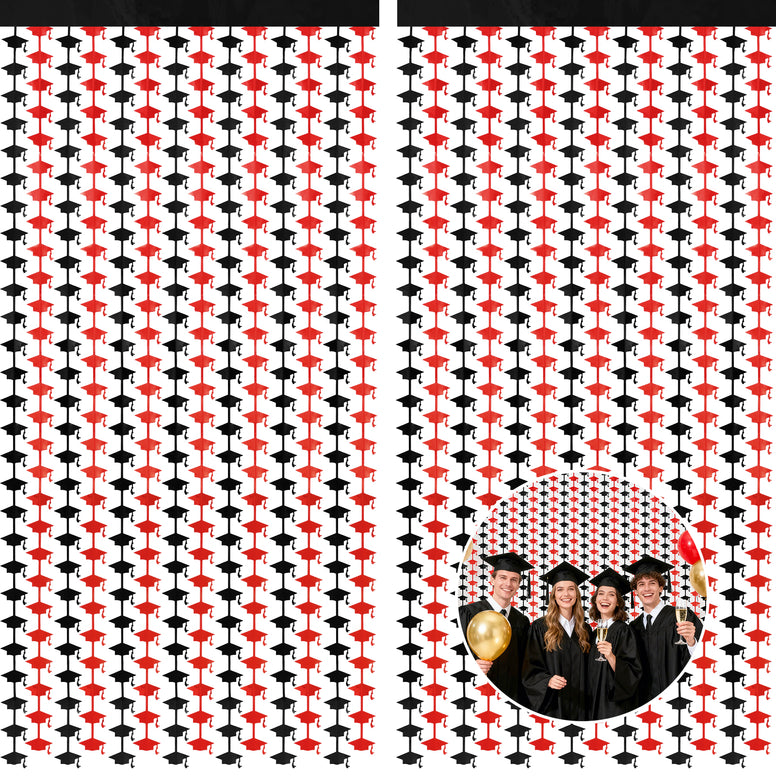 jijAcraft 2 Pack Red Black Graduation Cap Tinsel Foil Fringe Curtain, Graduation Party Decorations with String, Red Black Congrats Grad Streamers for Graduation Photo Booth Class of 2026 School Decor