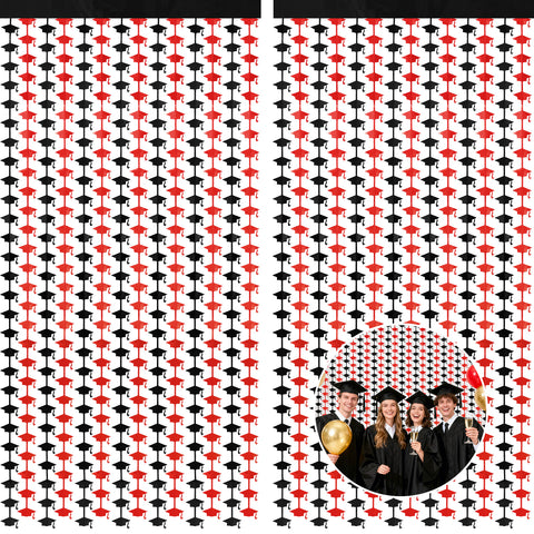 jijAcraft 2 Pack Red Black Graduation Cap Tinsel Foil Fringe Curtain, Graduation Party Decorations with String, Red Black Congrats Grad Streamers for Graduation Photo Booth Class of 2026 School Decor