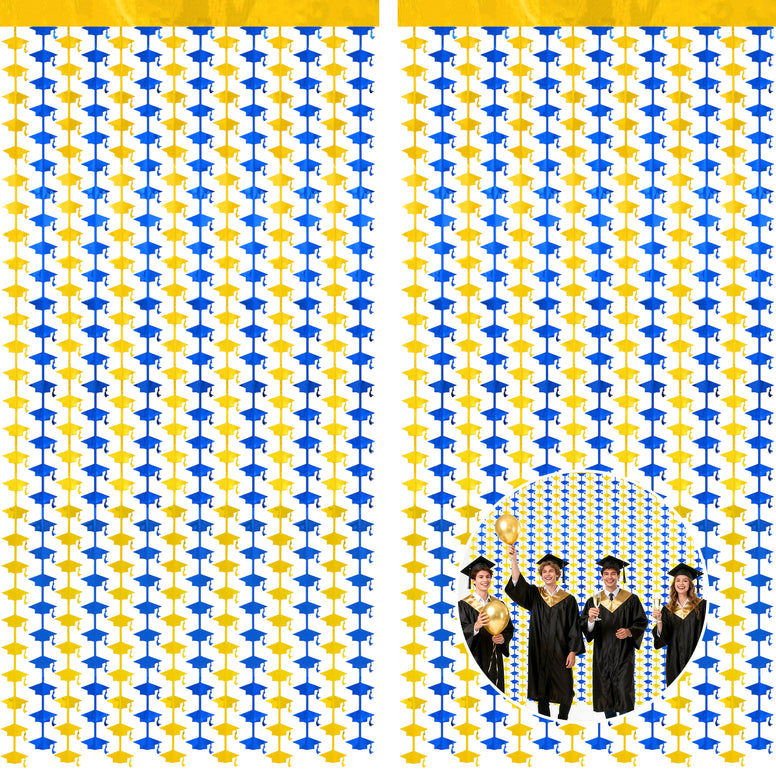 jijAcraft 2 Pack Blue Gold Graduation Cap Tinsel Foil Fringe Curtain, Graduation Party Decorations with String, Congrats Grad Streamers for Graduation Photo Booth Class of 2026 Prom School Home Decor