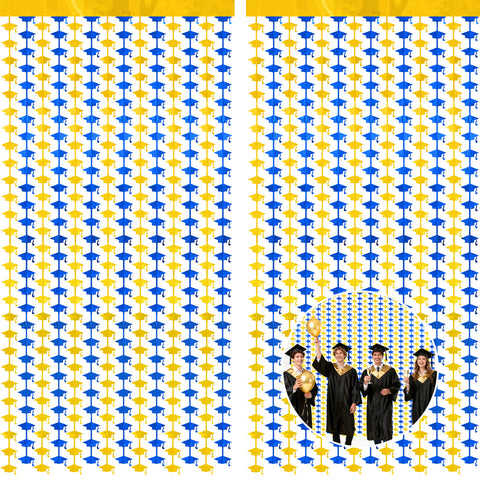 jijAcraft 2 Pack Blue Gold Graduation Cap Tinsel Foil Fringe Curtain, Graduation Party Decorations with String, Congrats Grad Streamers for Graduation Photo Booth Class of 2026 Prom School Home Decor