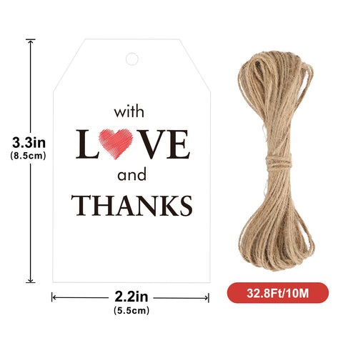 jijAcraft Love and Thanks Tags with String - 50Pcs Wedding Thank You Gift Tags with Red Heart, 3.3x2.1 Inch Paper Party Favors Tag for Bridal Shower, Baby Shower, Commemoration