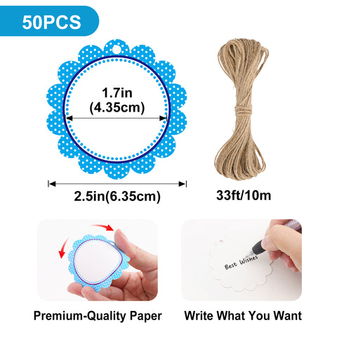 jijAcraft 50Pcs Blank Gift Tags with String, 2.5Inch Blue Dot Scalloped Round Blank Hangtag, White Writable Paper Tags for Gift Wrapping, DIY Crafts, Toys