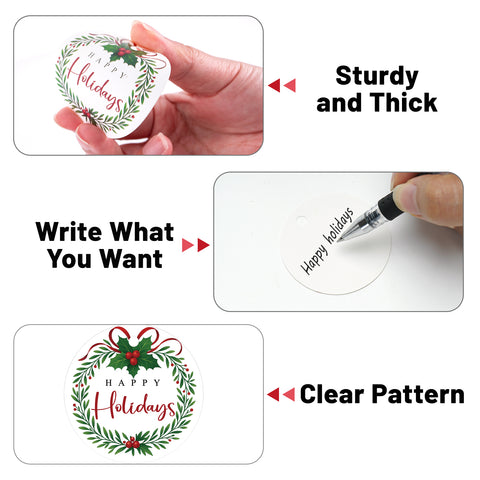 jijAcraft Happy Holiday Tags - 100Pcs Christmas Gift Tags with String, 2.1Inch Round Wreath Holiday Paper  Gift Tag for Xmas Party, Party Favors, DIY Crafts