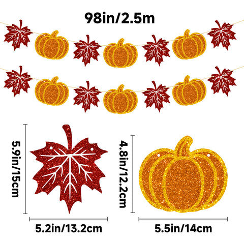 jijAcraft Thanksgiving Pumpkin Banner – 2pcs Pumpkin and Maple Leaf Banner, Pre-Strung Fall Garland for Thanksgiving Party Supplies, Fireplace, Wall, Table, Classroom, Mantel Decor
