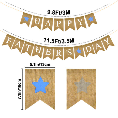 jijAcraft Father's Day Burlap Banner, Happy Father's Day Banner Burlap, Pre-strung Father’s Hanging Banners with Blue Star, Vintage Party Decor for Wall, Window, Fireplace, Door