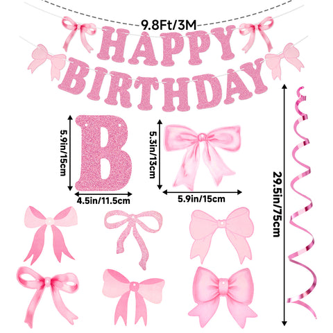 jijAcraft Pink Happy Birthday Banner, Pink Bow Party Banner with 14Pcs Bow Swirls Hanging Garland, Girl Baby Shower Garland, Coquette Birthday Decoration for Wall, Fireplace, Window