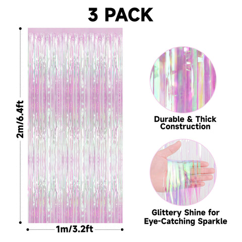 jijAcraft 3 Pack Iridescent Transparent Tinsel Foil Fringe Curtain, Party Photo Backdrop, Holographic Pink for Mermaid Party Birthday Graduation Engagement Bridal Shower Bachelorette Baby Shower Decor