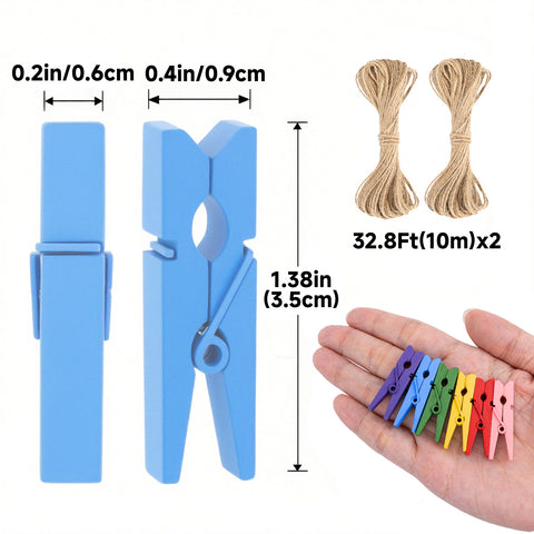jijAcraft Mini Clothespins with String - 10Colors Wooden Clothes Pins, 100Pcs Rainbow Colors Photo Hanging Clips, Small Craft Clips for Picture, Cocktails Decor, Baby Shower, Wedding