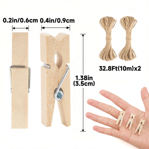jijAcraft Mini Clothespins with String - 100Pcs Small Wooden Clothes Pins, Natural Brown Photo Hanging Clips, Craft Clips for Picture, Cocktails Decor, Baby Shower, Wedding