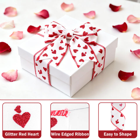jijAcraft Valentine Heart Ribbon Wired Edge - 1-1/2 Inch x 11 Yards Fabric Red Ribbon with Glitter Heart, Happy Valentines Day Ribbons for Gift Wrapping, Party Favors, Bouquet