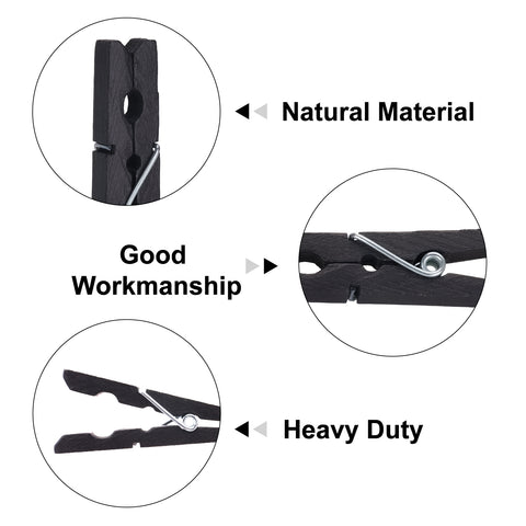 jijAcraft Wooden Clips with String, 50Pcs 2.9Inch Picture Hanging Display Clips, Black Clothes Pins, Wooden Decoration Clip for Classroom DIY Project, Cheer Pins, Hanging Clothes