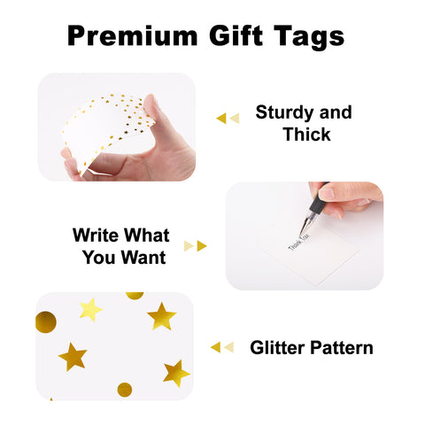 jijAcraft Gift Tags with String, 100Pcs Gold Foil Star Blank Gift Wrapping Labels, 3.3x2.1 Inch White Paper Name Tags for Wedding, Birthday, Baby Shower