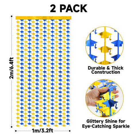 jijAcraft 2 Pack Blue Gold Graduation Cap Tinsel Foil Fringe Curtain, Graduation Party Decorations with String, Congrats Grad Streamers for Graduation Photo Booth Class of 2026 Prom School Home Decor