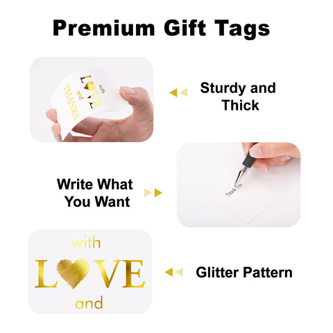 jijAcraft Love and Thanks Tags with String - 50Pcs Wedding Thank You Gift Tags, 3.3x2.1 Inch Gold Foil Paper Party Favors Tag for Bridal Shower, Baby Shower, Commemoration