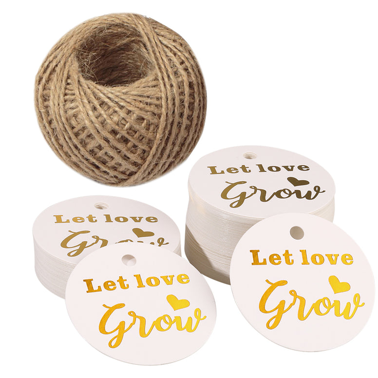 Let Love Grow Gift Tags,Original Design 100PCS Gold Foil Tags with String,Small Paper Tags,Gift Tags for Wedding Party Favors (Gold Foil) - JijaCraft