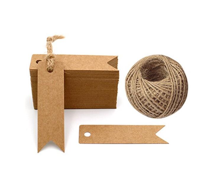 Gift Tags 100 PCS Paper Hang Tags with String, Craft Gift Tags, 7 cm x 2 cm Mini Size Flag Tags, Wedding Favor Tags with 30 Meters Jute Twine - JijaCraft