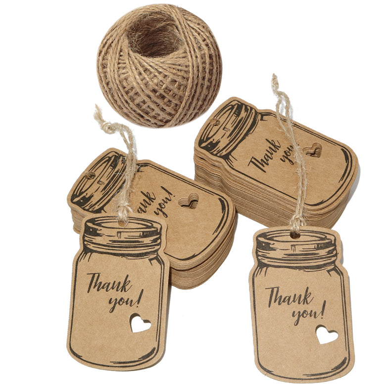 Thank You Tags,Mason Jar Tags,100PCS Kraft Paper Gift Tags with 100 Feet Jute Twine,3"x1.8"Vintage Style Brown Tags for DIY Craft Party Favors - JijaCraft
