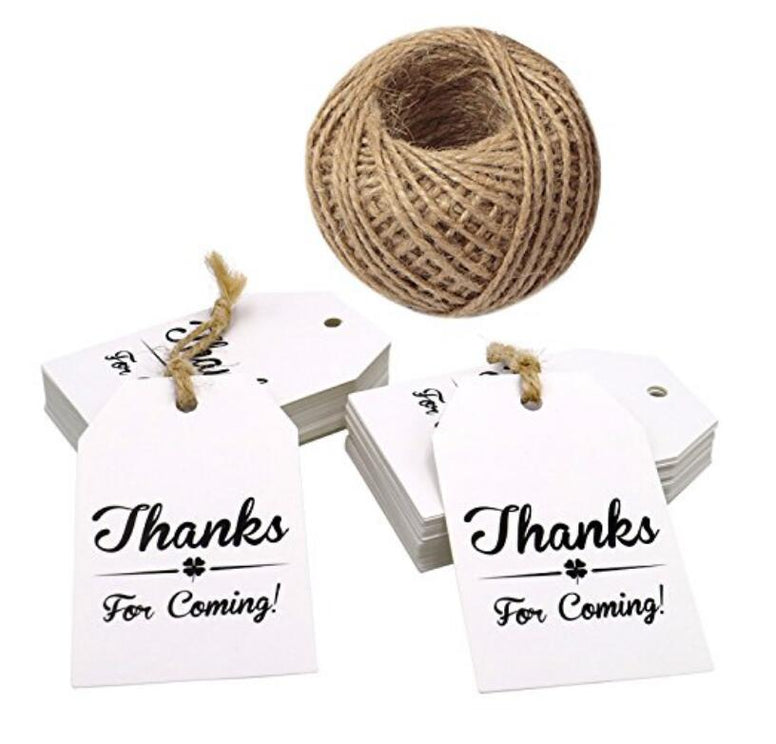 Thanks for Coming Tags,100 PCS White Gift Paper Tags,"Thanks for Coming"Printed Hang Labels,Baby Shower Birthday Favor Tags with 100 Feet Natural Jute Twine - JijaCraft