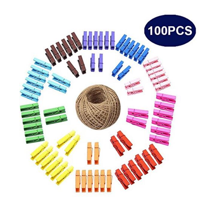 100 Pcs Mini Colored Natural Wooden Clothespins Photo Paper Peg Wooden Mini Clips Craft Pegs with 30M Jute Twine - JijaCraft
