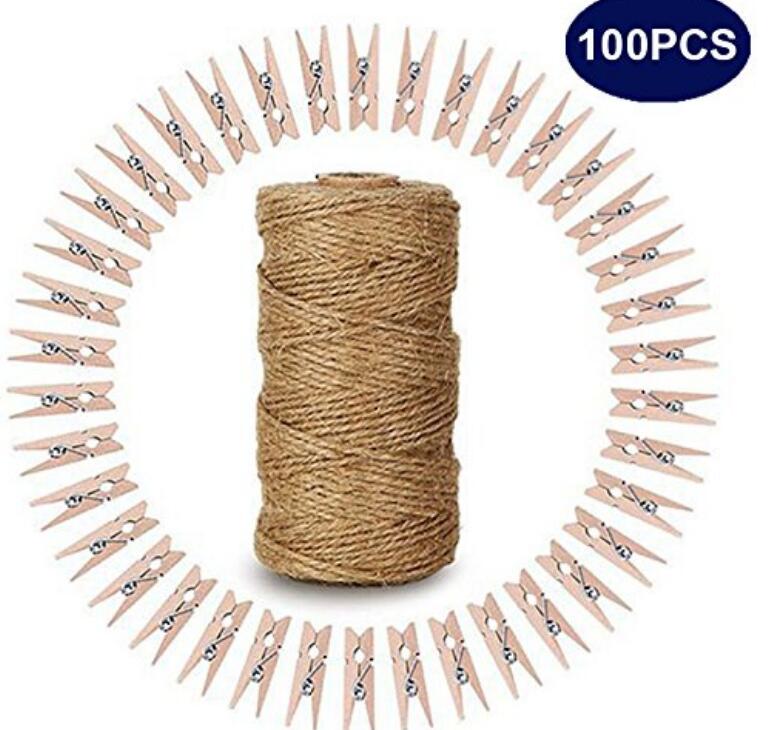 100pc Natural Wooden Clothespins Multi-functional Reusable Mini Clips  Clothes Pins With 10m Jute Twine For Photo Crafts - AliExpress