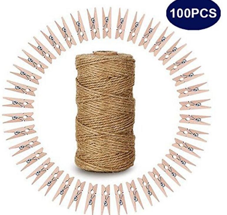 100 Pcs 3.5 cm Natural Wooden Clothespins with Spring Photo Paper Peg Wooden Mini Clips Craft Pegs with 328 Feet Natural Jute Twine for Arts & Crafts DIY Decorations - JijaCraft