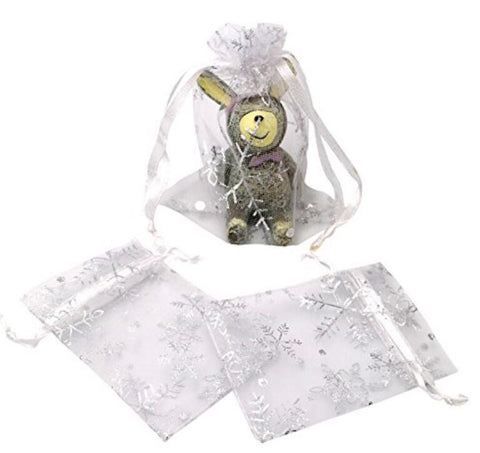 100 PCS 2.7'' x 3.5'' Snow Flakes Organza Wedding Gift Bags, Drawstring Jewelry Pouch Bags Silver White Snow Sheer Party Favor Bags - JijaCraft