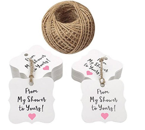from My Shower to Yours Tags,100PCS Baby or Bride Shower Favor Tags,Kraft Paper Gift Hang Lables,Fancy Shape Gift wrap Tags with 100 Feet Jute Twine - JijaCraft