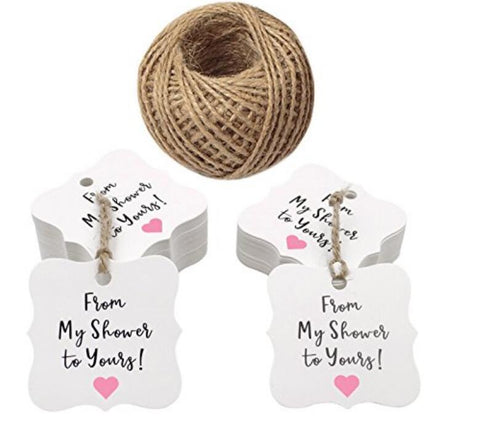 from My Shower to Yours Tags,100PCS Baby or Bride Shower Favor Tags,Kraft Paper Gift Hang Lables,Fancy Shape Gift wrap Tags with 100 Feet Jute Twine - JijaCraft