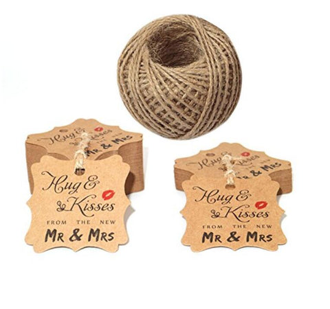Wedding Paper Tags,"Hug & Kisses FROM THE NEW MR & MRS" Printed 100 PCS Kraft Paper Tags,Creative Wedding Valentine's Day Favor Kraft Hang Tags with 100 Feet Jute Twine - JijaCraft
