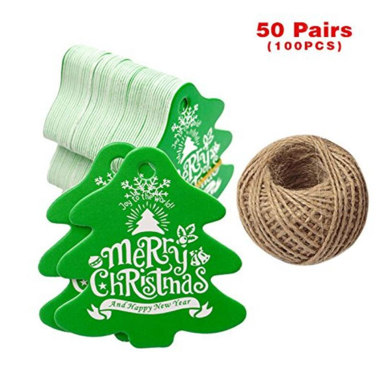 100 PCS Christmas Tree Shaped Gift Tags 5 CM 5.5 CM 'Merry Christmas And Happy New Year' Printed Paper Hang Tags with 100 Feet Natural Jute Twine - JijaCraft