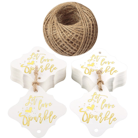Let Love Sparkle Tags,100PCS Wedding Tags,Original Design Paper Gift Tags with 100 Feet Jute Twine (2.36 inch,Gold Font) - JijaCraft