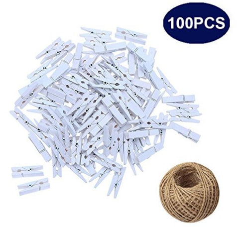 jijAcraft 100 Pcs Heart Shape Clothespins Mini Colored Wooden Clothespins Photo Paper Pegs Photo Clips Mini Craft Clips with 30m Jute Twine