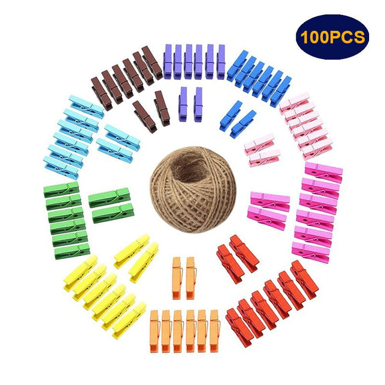 Colorful Wooden Pegs,3.5 CM Mini pegs,100 Pcs Wooden Photo Clips,Mini Clothespins with Spring, Photo Paper Peg,Craft Pegs with 30 M Jute Twine - JijaCraft