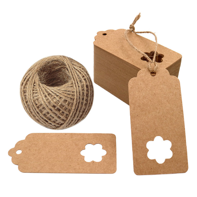 Gift Tags,100 Pieces Kraft Paper tags,Hollow Flower Gift Tags for Christmas Day and Wedding or Birthday Party Brown Kraft Hang Labels Tags with 30 Meters Natural Jute Twine. - JijaCraft