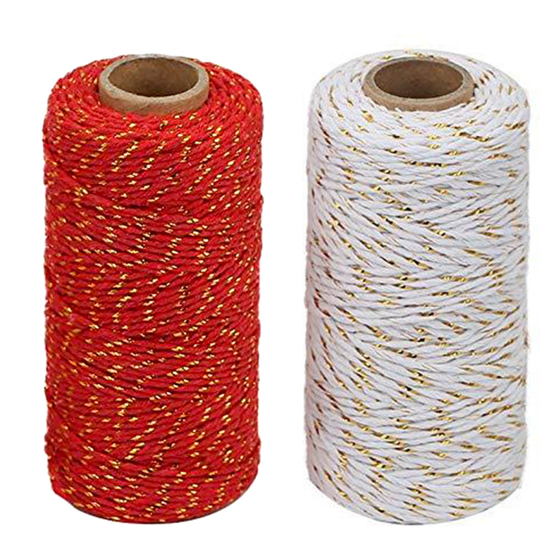 100 M Red&Gold String and 100 M White&Gold,2MM Christmas Cotton Twine - JijaCraft