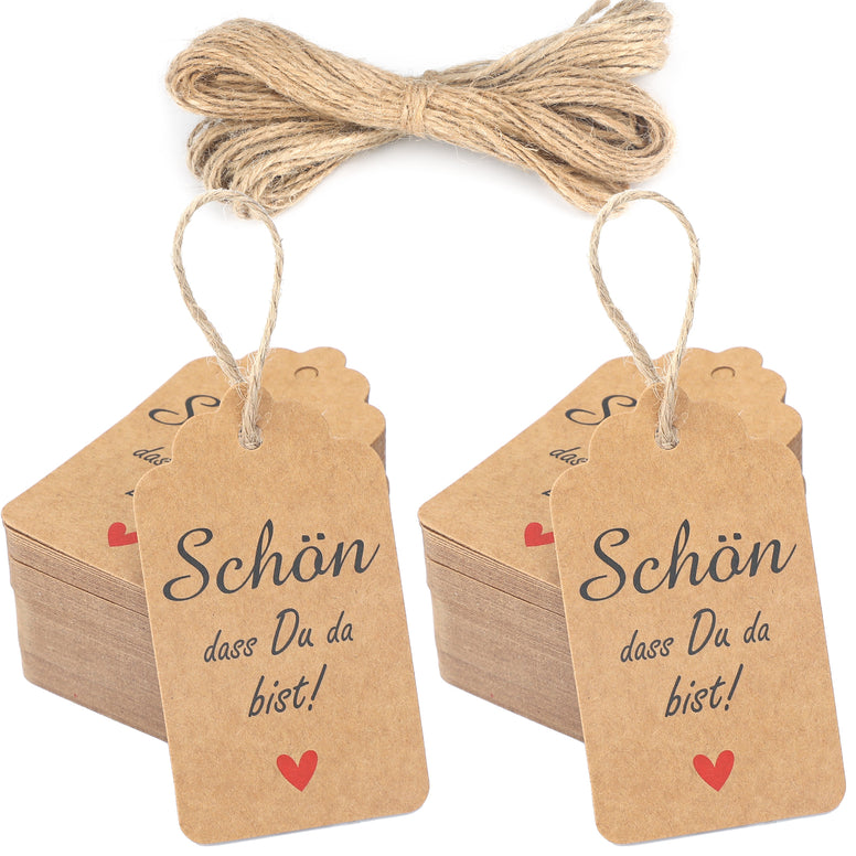 jijAcraft 100 Stück Geschenkanhänger SCHÖN DASS DU DA BIST Kraftpapier Anhänger Hochzeit 7 * 4CM mit Jute Schnur Hangtag Anhänger Etiketten Tags für Flohmarkt Verpackten Hochzeitsdeko DIY