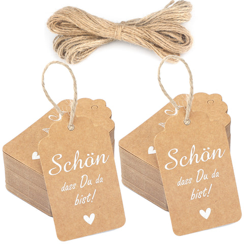 jijAcraft 100 Stück Geschenkanhänger SCHÖN DASS DU DA BIST Kraftpapier Anhänger Hochzeit 7 * 4CM mit Jute Schnur Hangtag Anhänger Etiketten Tags für Flohmarkt Verpackten Hochzeitsdeko DIY