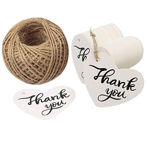 Thank You Tags,100 Pcs Kraft Paper White Gift Tags for Wedding Favor Party Tags with 100 Feet Jute Twine - JijaCraft