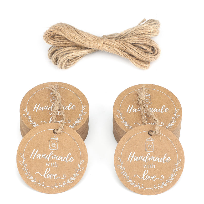 jijAcraft 100 Stück Kraftpapier Anhänger Rund【handmade with love】Geschenkanhänger 5cm mit Jute Schnur Hangtag Anhänger Etiketten Tags für Flohmarkt Verpackten Hochzeitsdeko DIY