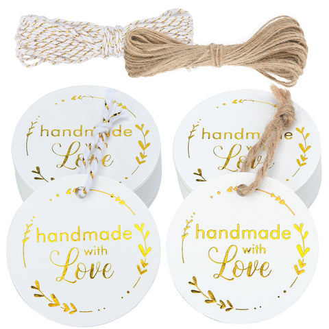 jijAcraft 100 Stück Kraftpapier Anhänger Rund【handmade with love】Geschenkanhänger 5cm mit Jute Schnur und goldweißes Seil Hangtag Anhänger Etiketten Tags für Flohmarkt Verpackten Hochzeitsdeko DIY