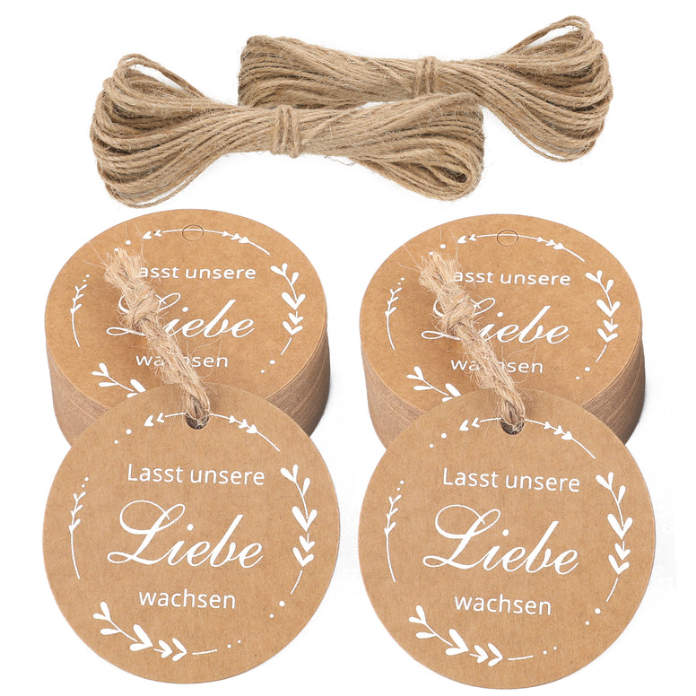 jijAcraft 100 Stück Geschenkanhänger LASST UNSERE LIEBE WACHSEN Kraftpapier Anhänger Rund 5cm mit Jute Schnur 20m Hangtag Etiketten Vintage Etiketten Tags für Gastgeschenke Hochzeitsdeko DIY