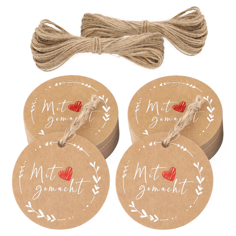 jijAcraft 100 Stück Geschenkanhänger Mit Liebe gemacht Kraftpapier Anhänger Rund 5cm mit Jute Schnur 20m Hangtag Etiketten Vintage Etiketten Tags für Gastgeschenke Hochzeitsdeko DIY